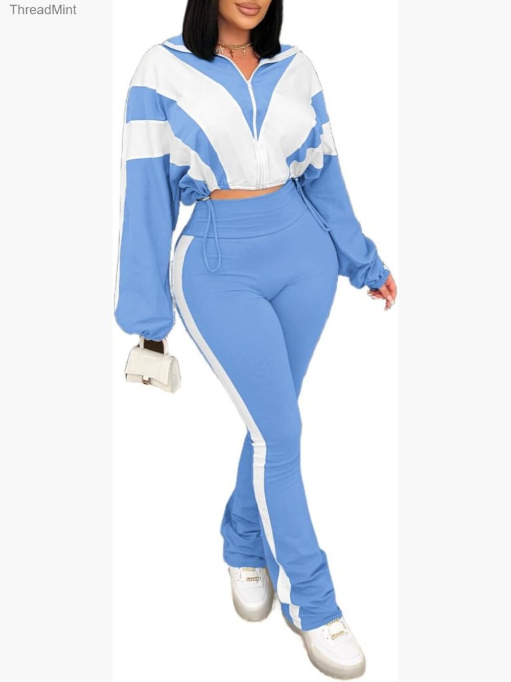 Women 2 Piece Outfit Color Block Long Sleeve Zip Crop Jacket Bodycon Pants Set